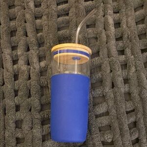 Blue Tumbler with Bamboo Lid and Straw